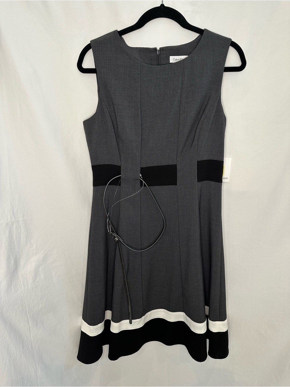Calvin Klein Gray Dress with Black Waistband and White Hem Stripes